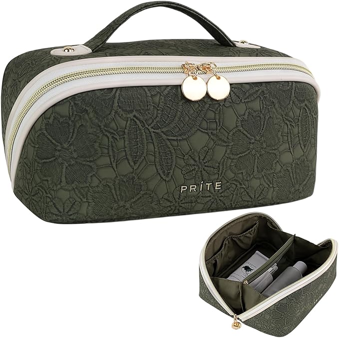 Prite Makeup Bag for Women Travel Waterproof Vegan Leather Cosmetic Bag Open Flat Toiletry Bag With Clear Divider and Handle (Green Flower, Medium)