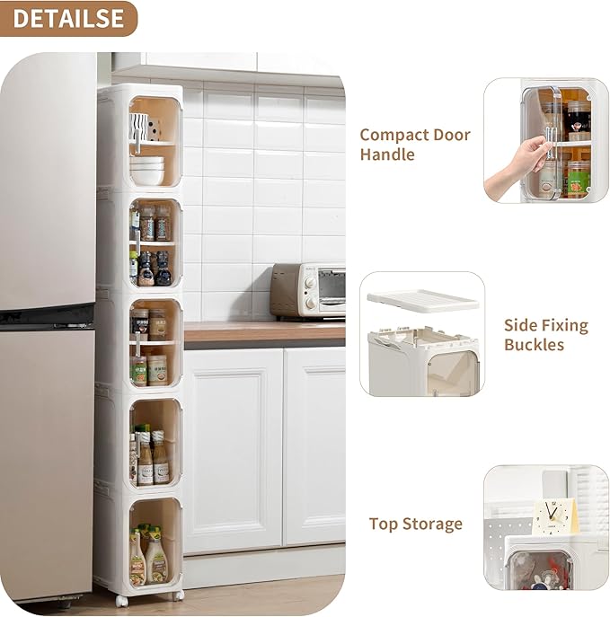 5-Tier Tall Narrow Storage Cabinet, Slim Bathroom Storage Cabinet with Adjustable Shelves and Wheels, Narrow Organizer for Small Space, Bathroom, Kitchen, Laundry, Cream White