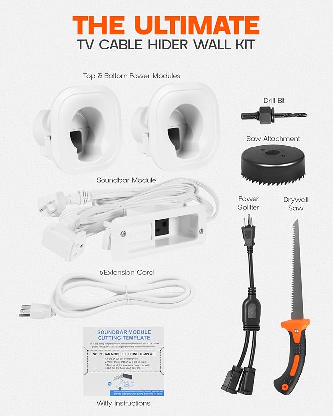 in-Wall Cable Management Kit - for TV & Soundbar - Cord Concealer & Power Kit with Circle Saw Drilling Attachment & Drywall Hand Saw, Hides All Cables & Powers Devices