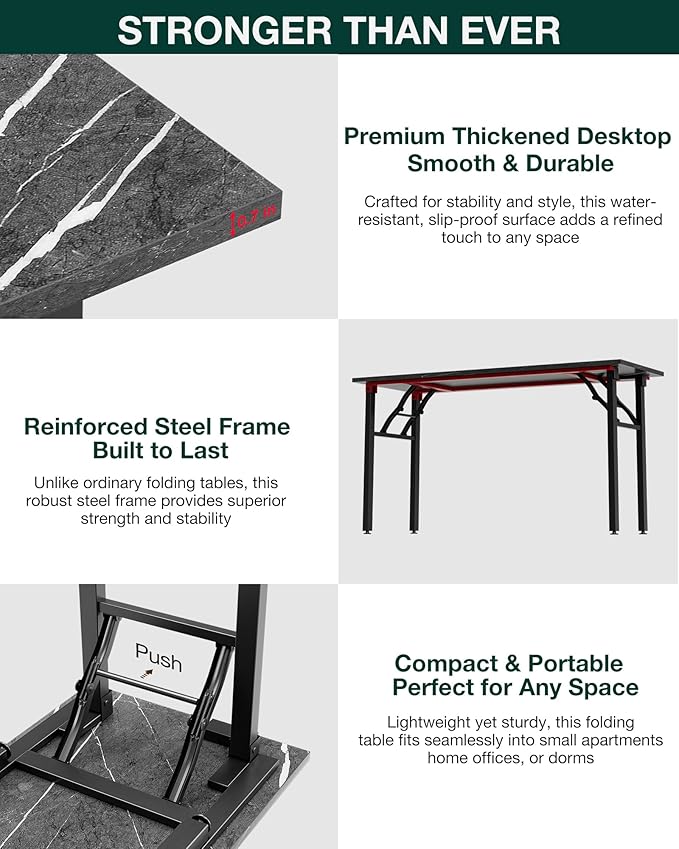 Frylr Small Folding Computer Desk – 55.1 Inch Portable Table for Craft and Study, Lightweight Desk for Small Spaces, Foldable Laptop Table Built-in AC/USB Outlets for Convenience, Marble Greige