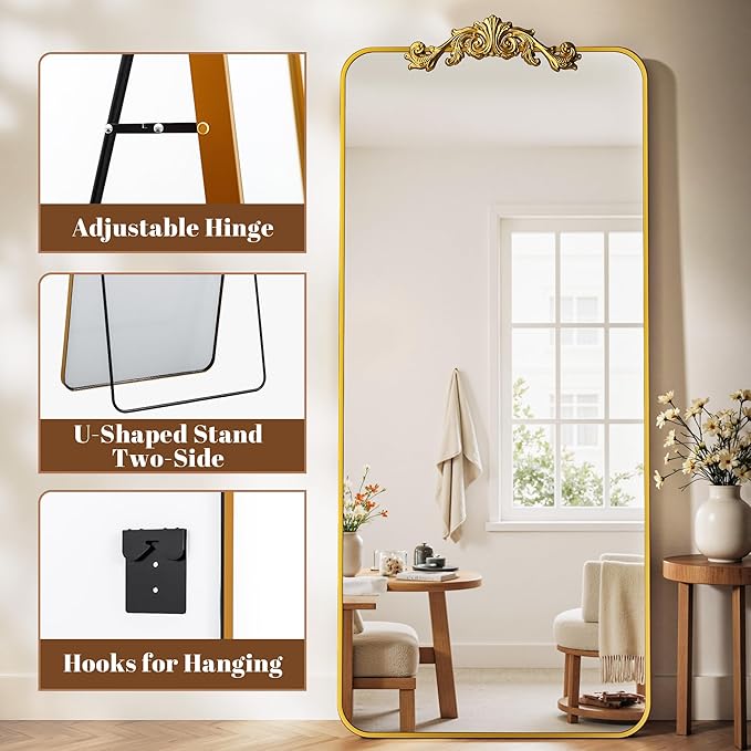 Vintage Full Length Mirror, 81"x41" Floor Mirror with Carved, Full Body Mirrors for Home Decor, Standing/Hanging Large Wall Mirrors for Bedroom/Living Room/Entryway, Gold, Retro Style
