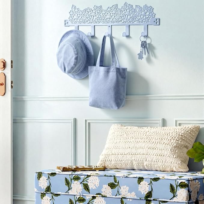 AceOrbit Blue Hydrangea Over The Door Hooks Wall Mount Towel Hanger Cute Door Holder Rack with 5 Hooks Hanging Towel, Coat Keys, Bags, Hats, Clothes for Bedroom Bathroom Kitchen Dorm Room Organizer