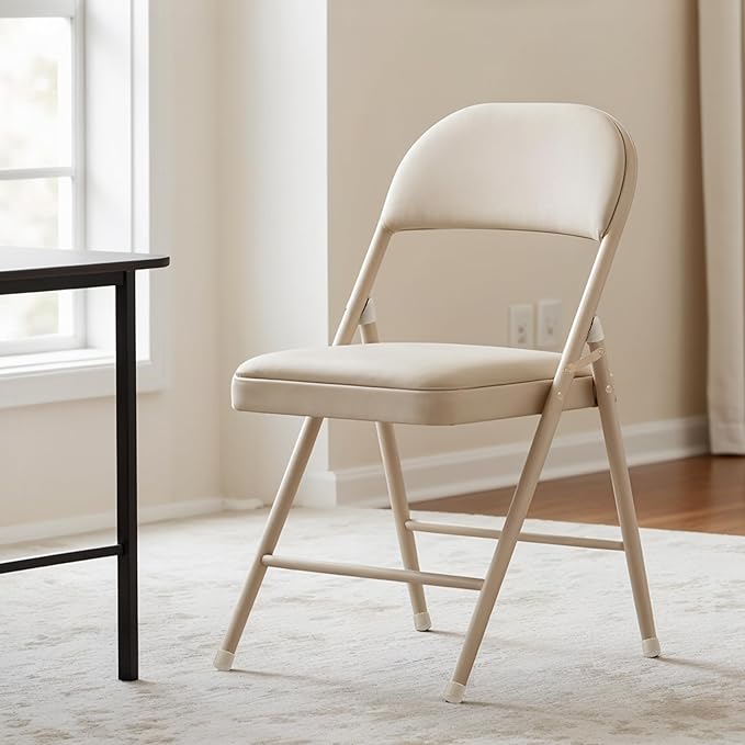 Simple Deluxe 2 Pack Folding Chairs, Plush Padded Leather Seats, Reinforced Metal Frame | Lightweight Collapsible Seats for Home, Office & All Occasions, Khaki