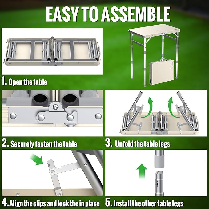 GARLLEN Waterproof Camping Table with High-Density Plastic Tabletop, Portable Folding Picnic Table with 3 Adjustable Height, Aluminum Frame Outdoor Table for BBQ, Camping, Indoor Use, 22.8"L x 15.7"W