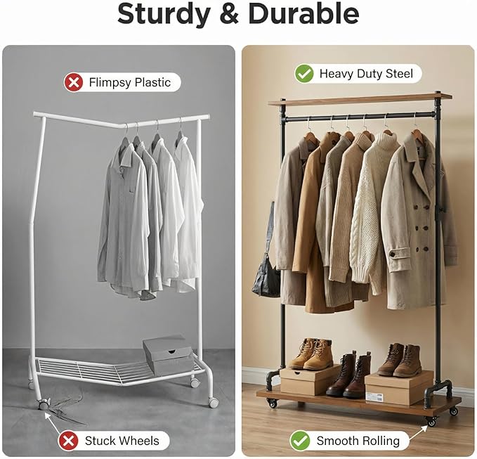 Industrial Pipe Clothing Racks, Rolling Garment Racks, Hall Tree on Lockable Wheels with Shelves and Shoes Storage, Heavy Duty Clothes Rack (Free Standing)