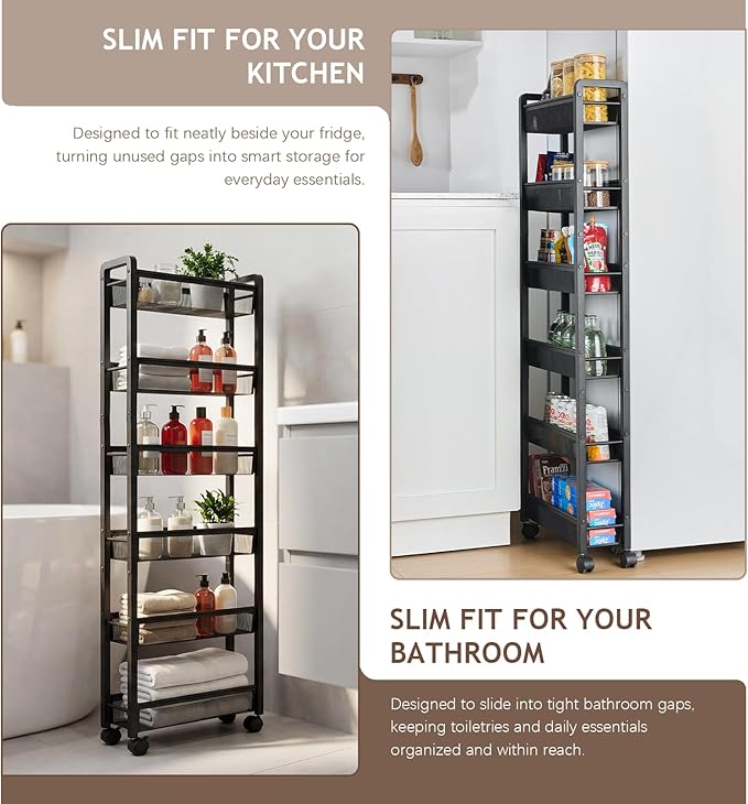 6 Tier Slim Rolling Storage Cart, Narrow Kitchen Storage Cart, Spice Rack Organizer with Wheels, Space Saving Shelf for Living Room, Laundry Room, Bathroom, Narrow Spaces