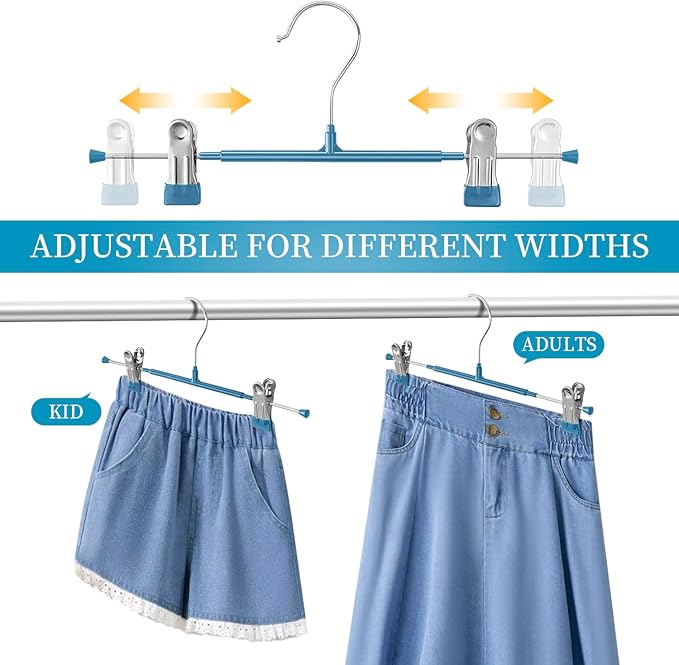 14Inch Blue Pants Hangers with Clips 20 Pack Adjustable Skirt Hangers for Women Non-Slip Trousers Hanger for Jeans Clothes Hangers for Pants Heavy Duty Space Saving Shorts Hangers