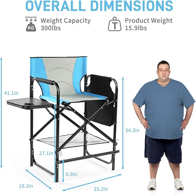 Outvita 26" Tall Directors Chair Height Seat Folding with Side Table Storage Bag, Support for 300Lbs Portable Makeup Artist Chair with Bar Height(Blue/Black)