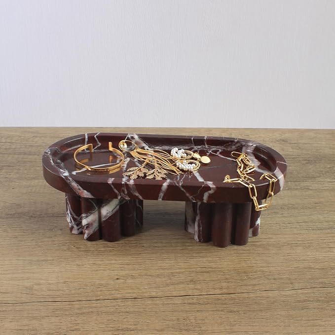 Natural Travertine Marble Oval Tray with 2 Legs, 10" Vanity Decorative Tray for Countertop Organizer, Catchall Tray for Perfume, Candles, Jewelry Dish