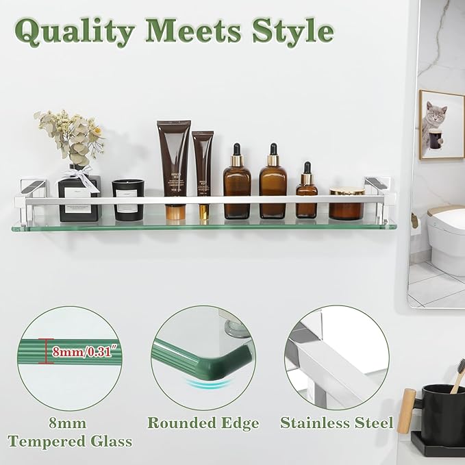 Alise Glass Bathroom Shelves Wall Mounted, 24 Inch Polished Chrome Tempered Floating Shelves Bathroom, Stainless Steel Bathroom Glass Shelf