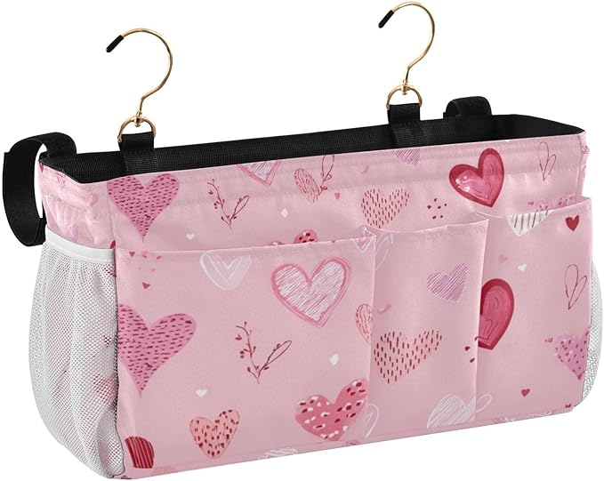 Bedside Caddy Hanging Bunk Bed Caddy Bed Organizer Hanging Pocket with 2 Hooks Bedside Storage Organizer Pocket Bag Holder Heart Pink