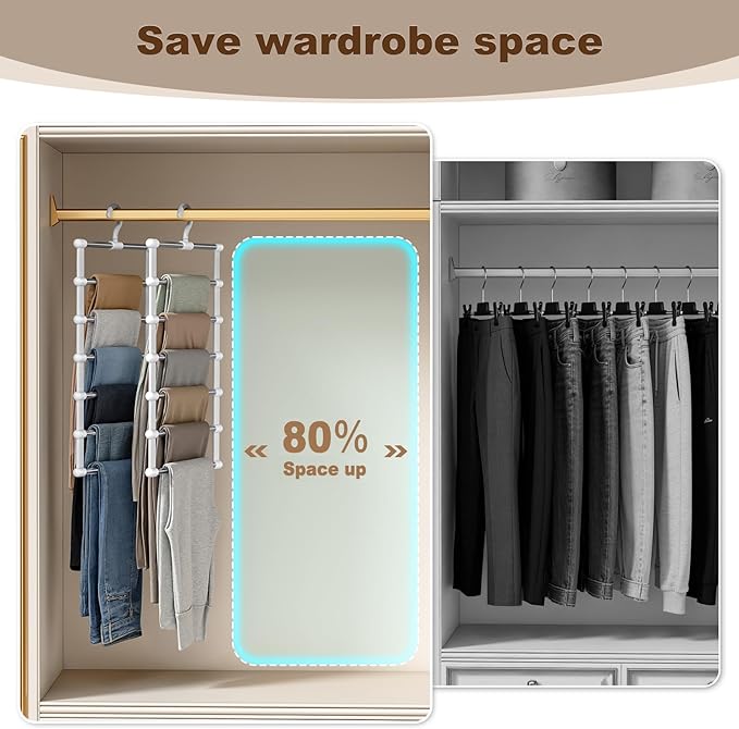 CTIME 2 Pack Pants Hangers Space Saving, Non-Slip Closet Organizer with 360° Rotatable Hook, Ideal for Scarves, Jeans, Pants, Ties & Towels