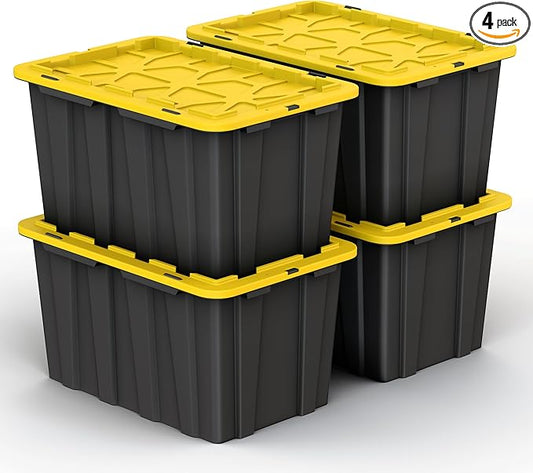 4 PACK Large Black & Yellow Storage Bins | Plastic Tote Organizing Container with Secure Latching Lids, Stackable, Extra Strength with Built in Handle | Black and Yellow Bins | 24.5" x 16.5" x 13.5"