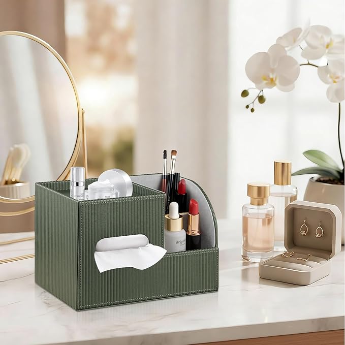 Modern PU Leather Cube Tissue Box Cover with Storage Tray, Multifunctional Remote Control Holder & Facial Tissue Dispenser Organizer for Nightstand, Bathroom, Bedroom, Office & Home Decor