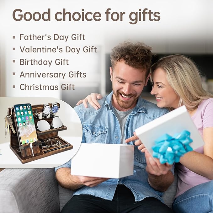 Gifts for Men Wood Phone Docking Station Birthday Gift for Men Valentines Day Gifts Father Gift for Him Boyfriend Nightstand Organizer Desktop Phone Stand (Update Brown)