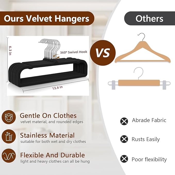 50 Pack Velvet Hangers Non Slip, Felt Pants Hangers Thin Space Saving Clothes Hanger Flocked Strong Durable Ganchos para Colgar Ropa with 360°Swivel Hook for Pants Jeans Shorts Tank Top, Rose Red
