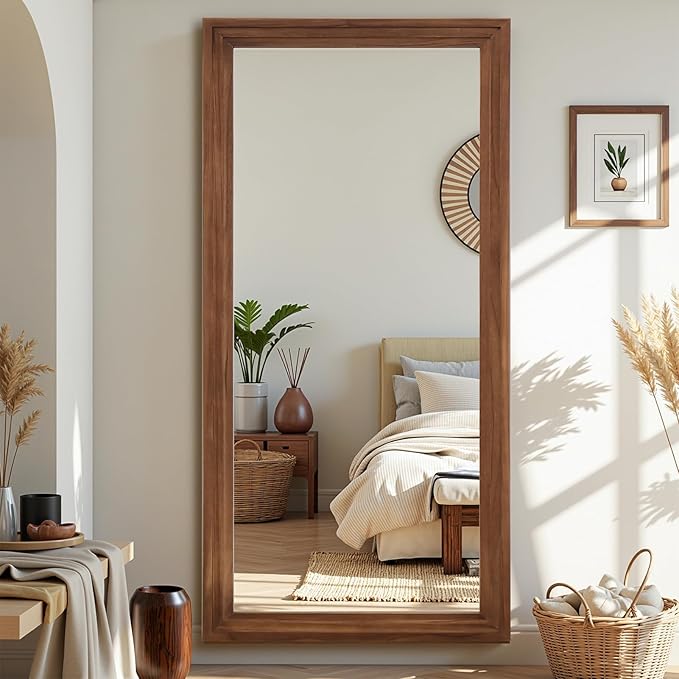 Antok Full Length Mirror with Solid Wood Frame, 71"×32" Wall Mounted Oversized Floor Mirror with Stand, Leaning Standing Hanging for Bedroom Living Room Entryway, Brown, Rect Style