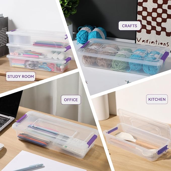 novelinks Clear Plastic Storage Bins with lids, Stackable Storage Containers, Durable Craft Storage Boxes, Organization Containers for Home Office (4 Quart 8 Pack Purple)