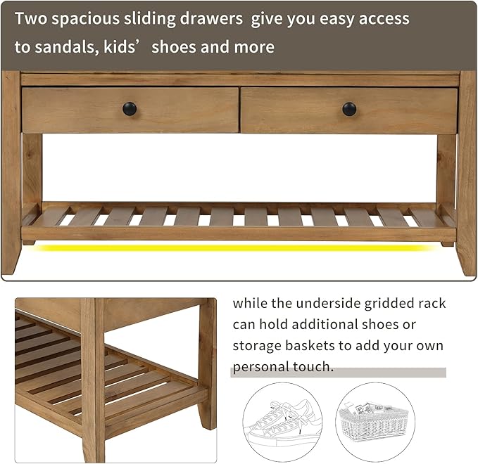 LUMISOL Storage Bench, Shoe Rack with Upholstered Seat and 2 Drawers, Solid Wood Entryway Storage Bench with Shoe Rack for Entryway, Living Room, Bedroom, Old Pine