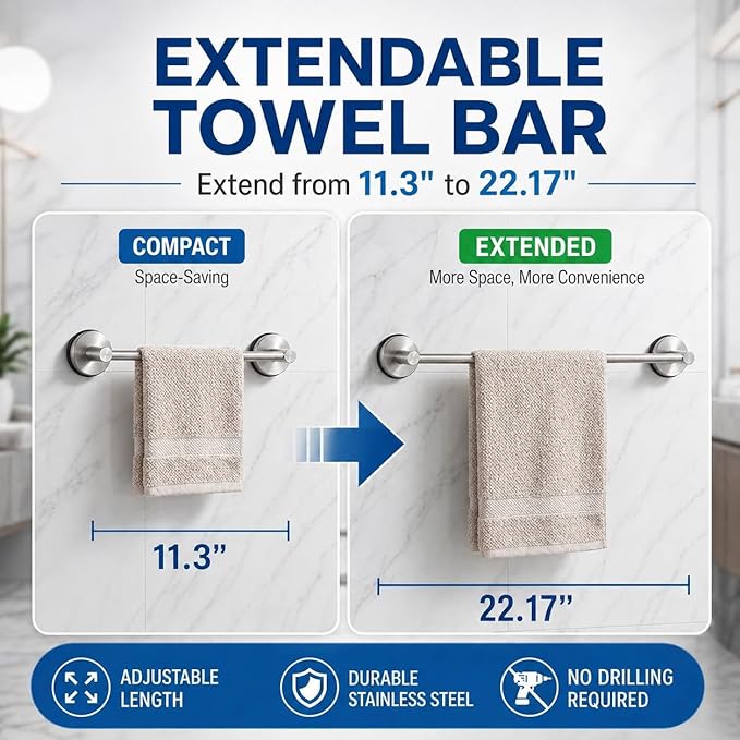 Bathroom Towel Rack, Brushed Nickel Stainless Steel No Drill Towel Holder for Bathroom Adjustable Wall Mounted Towel Rack for Shower Kitchen RV Smooth Tile Glass Mirror and Metal