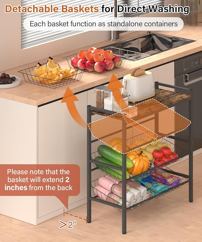 Kitchen Fruit and Vegetable Storage Rack, 4-Tier Fruit Basket Stand, Freestanding Snack Display Organizer Shelf, Small Kitchen Island with Wood Top for Pantry, Office, Living Room, Black