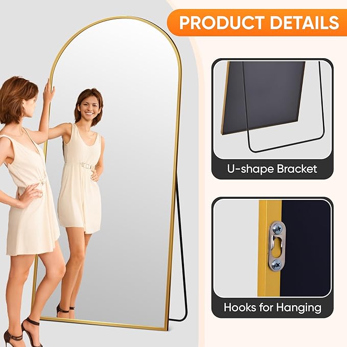 Suidia Full Length Mirror, 81"x41" Floor Standing Mirror Freestanding, Full Body Mirrors with Stand for Bedroom, Hanging Mounted for Living Room Cloakroom, Gold, Arched Style