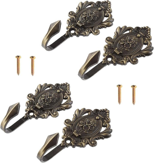 4Pcs Curtain Tiebacks Hook Vintage Bronze Rose Pattern Carved Wall Hooks Key Hook Clothes Hanger Bathroom Bedroom Multi-Function Decorative Hook with Screws
