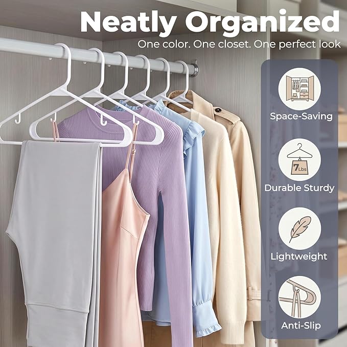 HOUSE DAY White Plastic Hangers 10 Pack, Plastic Clothes Hangers with Built-in Hooks, Durable and Strong Coat Hanger for Closet, Space Saving Clothing Hanger for Shirts, Coats, Skirt, Dress