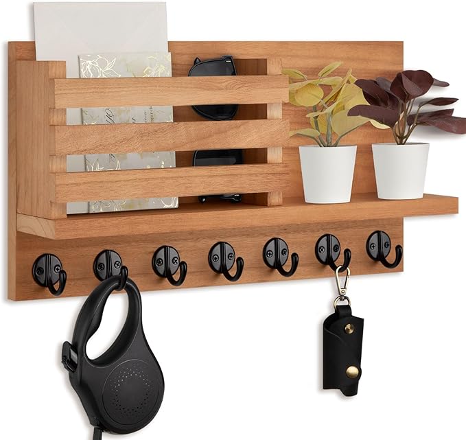 Lwenki Key Holder for Wall – Decorative Wooden Mail Holder and Key Shelf with Mounting Hardware, Installation Guide – Paulownia Wood with Metal Key Hooks (Light Brown, Extra Large - 15.6inch)