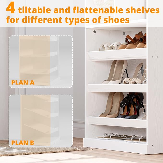 IRONCK Closet Shoe Organizer Cabinet with Shelves and Cubbies, Narrow Footwear Shoe Rack Storage Organizer for Closet for Bedroom, Entryway, Mudroom, White