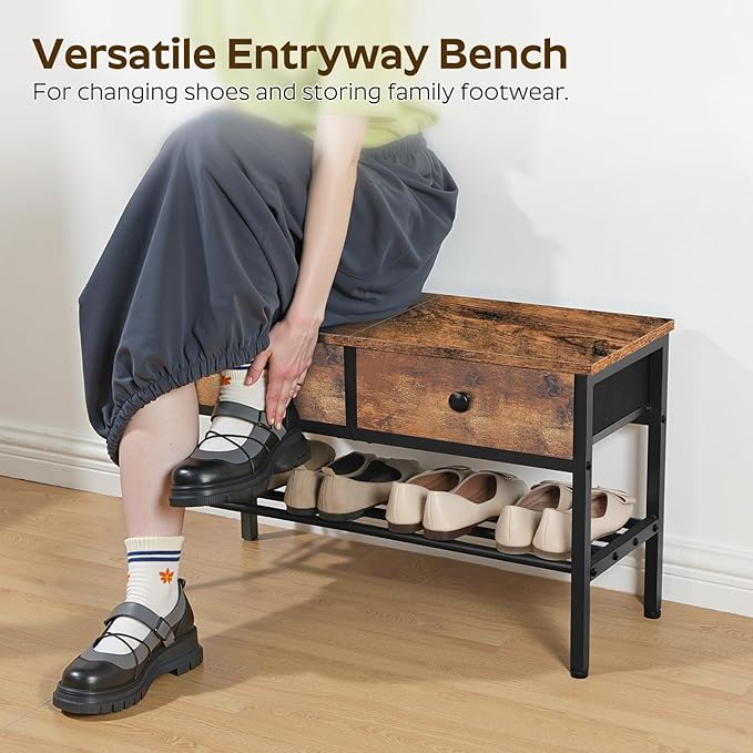 YATINEY Hall Tree with Bench and Shoe Storage, Entryway Bench with Coat Rack, 4-in-1 Coat Rack Shoe Bench, Multifunctional, for Front Door, Hallway, Foyer, Rustic Brown and Black MT05BR