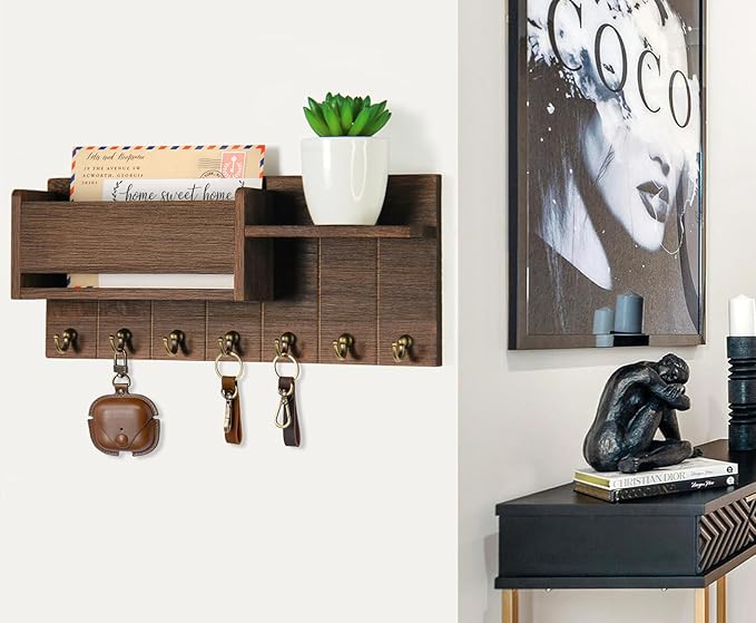 RelaxScene Key Holder Wall Mount - Decorative Key Rack and Mail Organizer with 7 Key Hooks - Wooden Key Hanger with Shelf for Living Room Decor - Rustic Farmhouse Home Entryway Aesthetic Essentials