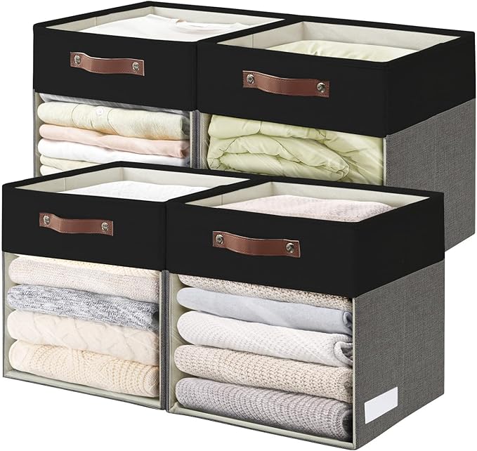 Bagnizer Storage Cubes, 4 Pack Linen Foldable Storage Bins (13 x 13 inch) with Clear Window and Handles, Fabric Organizer for Shelf Closet, Clothes, Books - (Gray and Black)