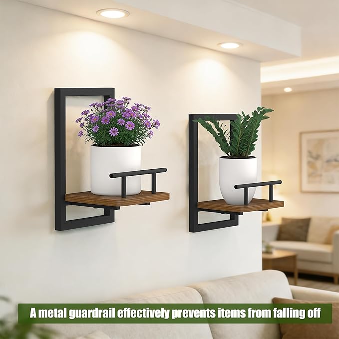 2-Pack Floating Shelves for Indoor Plants, Wall Mounted Storage Shelves for Bedroom, Living Room, Kitchen, Office, Bathroom Decor