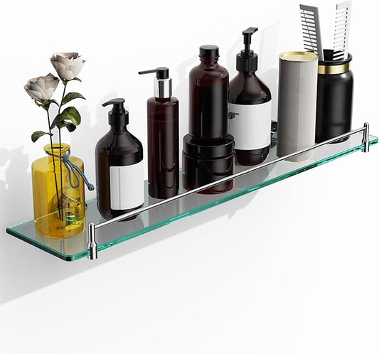 24 Inch Glass Bathroom Shelves,Chrome Polished Floating Shelves for Wall Rectangular Modern Stainless Steel Glass Shelf for Bathroom Shelves Wall Mounted