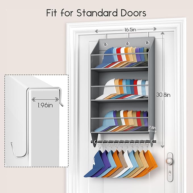 Homsorout Over the Door Hat Rack - 3-Layer Design Hat Organizer Holds 30-36 Hats with 10 Hooks, Ideal Hat Rack for Door, Over the Door Organizer for Closet, Apartment, Bedroom, Dorm, 1 Pack, Grey