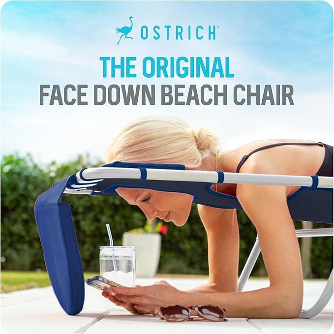 Ostrich Beach Lounge Chair, Folding & Reclining Outdoor Chaise Lounger, Blue/White Striped - Portable Adjustable Recliner Chair for Lawn, Pool, Patio, Garden, and Yard