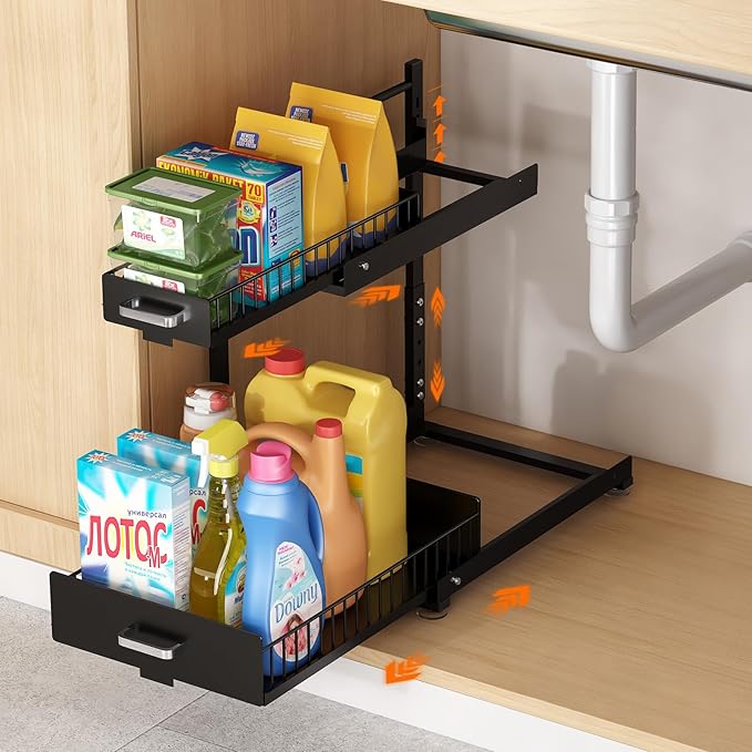 Under Sink Organizer, 2 Tier Slide Out Cabinet Organizer with Pulley, Height Adjustable Pull Out Shelf for Kitchen, Bathroom, Laundry and Utility Storage, Black, 1 Pack