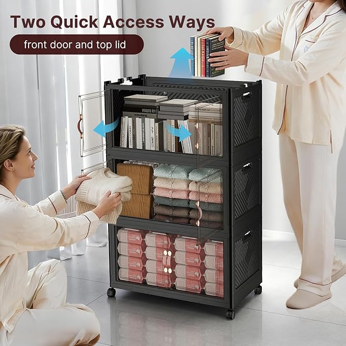 UAMFURI Stackable Storage Bins with Lids, 384QT Closet Organizers, Lockable Storage Cabinet, Foldable Storage Box with Doors and Wheels, Plastic Drawers for Home, Garage, Office (8, Black, Medium)
