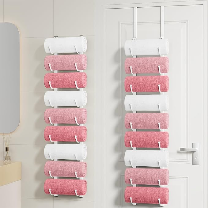 HapiRm Rolled Towel Racks for Bathroom - 9-Tier Over The Door & Wall Mounted Bathroom Towel Storage, Hanging Metal Organizer for Towels & Bath Sheets, Space Saving Rack for Bathroom, Camper, RV, White