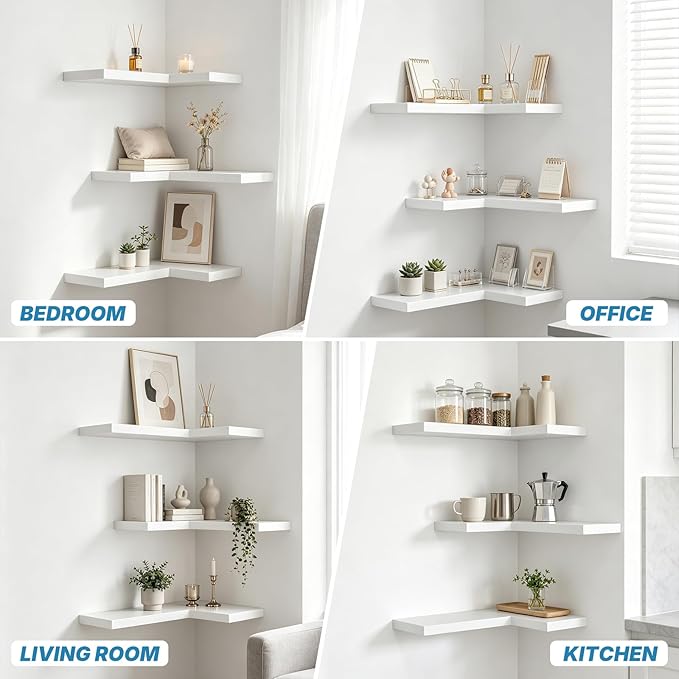 NATURE'S SOURCE Floating Corner Shelves with Invisible Brackets Set of 3, Corner Shelves Wall Mounted, for Home Bedroom Bathroom Kitchen Living Room Office- 16.1" x 11.5" (Pure White)
