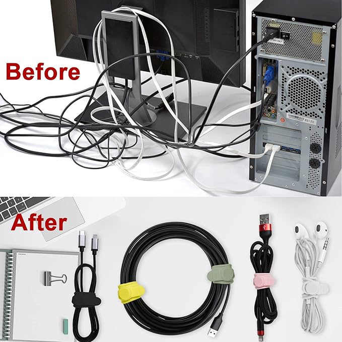 50Pcs Silicone Cable Ties Cord Organizer for Bundling Earphone, Phone Charger, Computer Cords, Reusable Wire Organizer Cable Management in Home,Office,Kitchen,School (5 Colors)