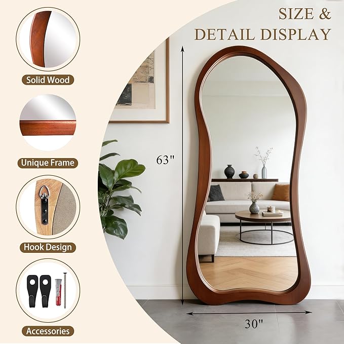 Large Irregular Mirror, 63"x30" Organic Floor Mirror with Solid Wood Frame, Asymmetrical Aesthetic Mirrors for Living Room Entryway Hallway Bedroom Cloakroom, Leaning/Wall-Mounted