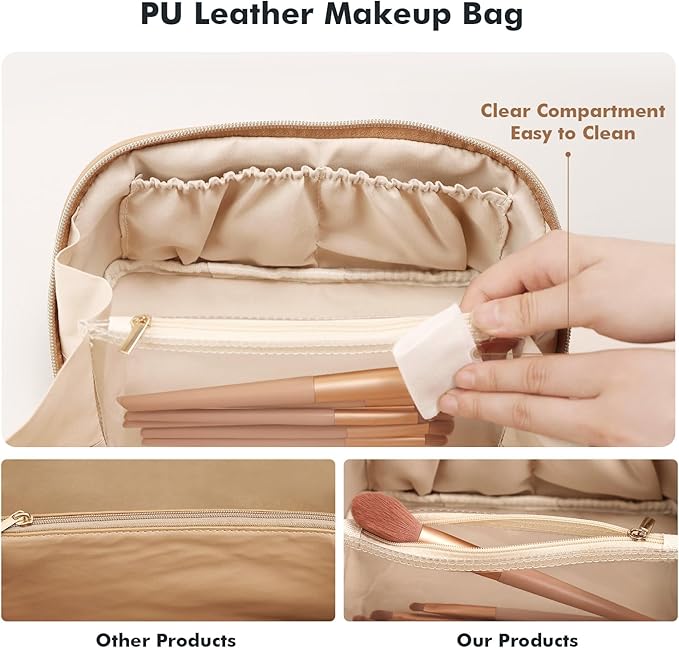 Prite Makeup Bag for Women Travel Waterproof Vegan Leather Cosmetic Bag Open Flat Toiletry Bag With Clear Divider and Handle (Beige, Medium)