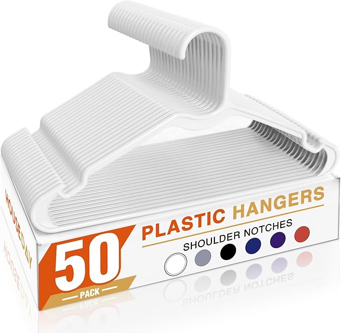 HOUSE DAY White Plastic Hangers 50 Pack, 16.25" Slim Hangers with Non-Slip Extended Notch, Perfect for Plus Size & Curvy Fits, Closet Organization Essential, Space Saving for Dorm Apartment Home