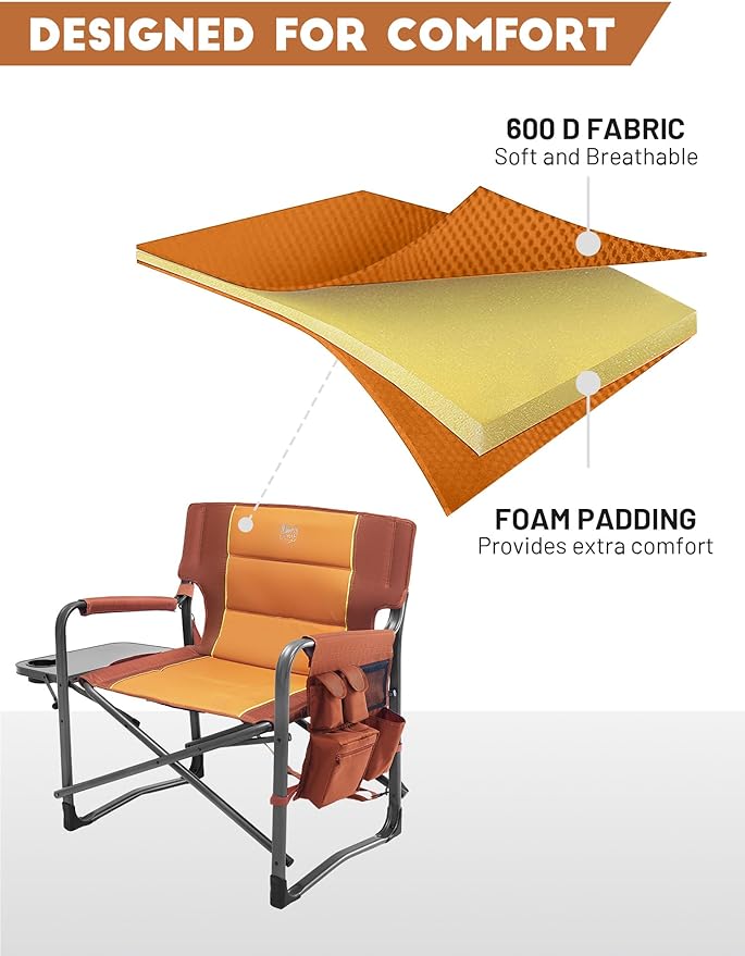 Timber Ridge XXL Upgraded Oversized Directors Chairs with Foldable Side Table, Detachable Side Pocket, Heavy Duty Folding Camping Chair up to 600 Lbs Weight Capacity (Orange) Ideal Gift