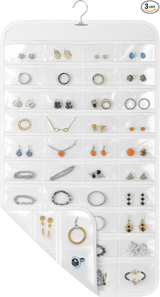 3 Pack Hanging Jewelry Organizer, 80 Clear Pockets earring organizer and storage, Accessories holder organizer for Closet, Jewelries, Necklace, Travel