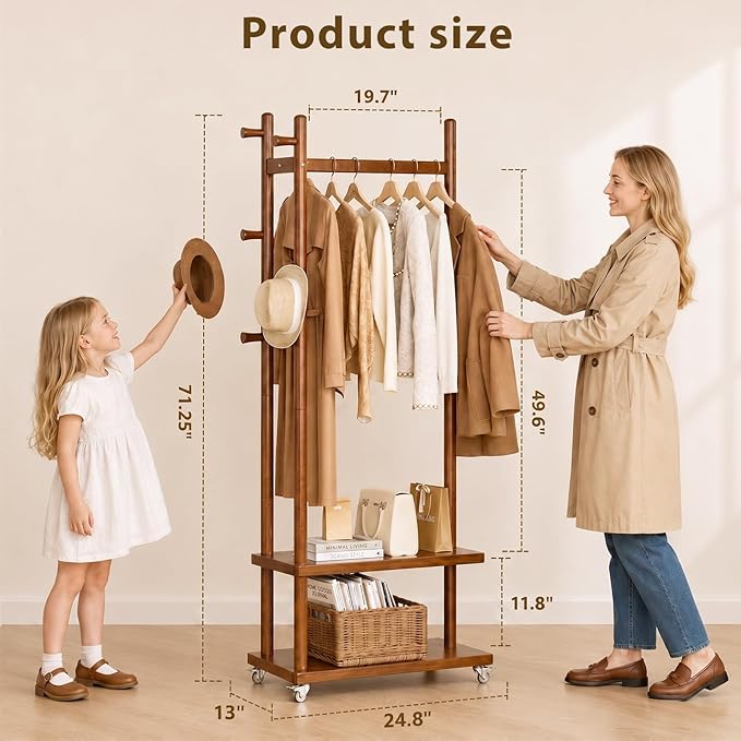 Taitiy Coat Rack Freestanding Clothing Rack with Wheels, Coat Tree Freestanding Heavy Duty with 2 Storage Shelves and 5 Hooks, Wood Garment Rack for Corner Bedroom Hallway Entryway Living Room Hotel