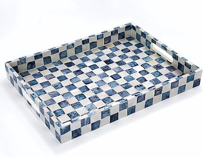 CHI AN HOME 15.8" x 11.8" Decorative Rectangular Tray with Natural Capiz Shells, Checkered Tray with Handles, Serving Tray for Ottoman, Coffee Table, Kitchen Counter Home Decor (Navy Blue)