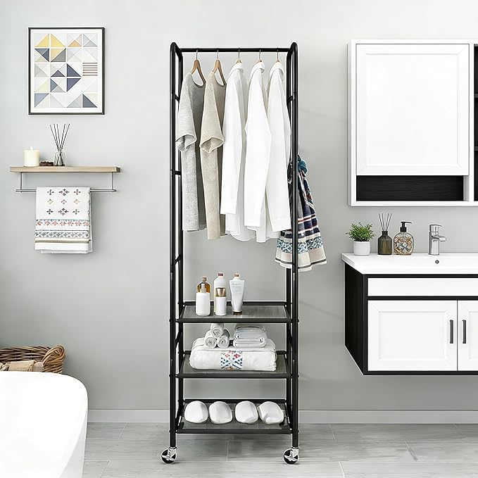 Easi 72" Tall Small Clothes Rack for Small Space, Narrow Rolling Garment Rack with 3-Tier Vinyl Shelves, Lightweight Stable Clothing Rack for Apartment, Bedroom, Laundry Room & Dorm, Black